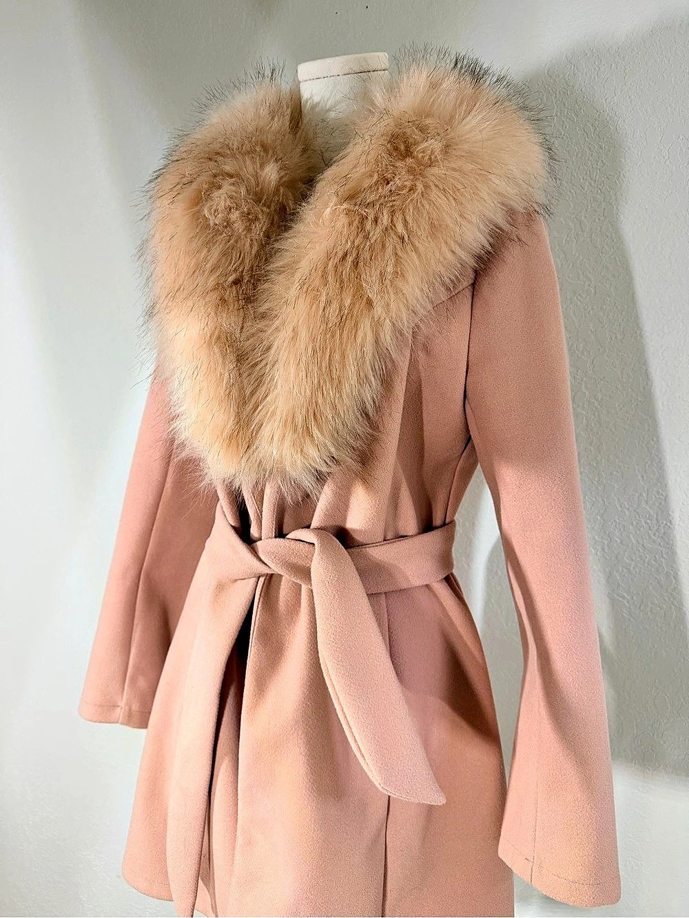Pink Faux-Fur Collar Belted Coat
